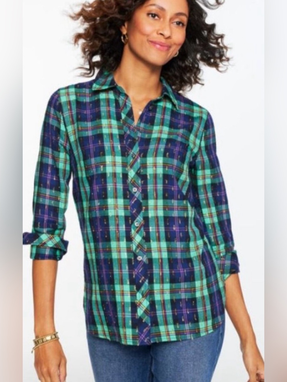 Talbots Green & Navy Plaid Button-Down Shirt